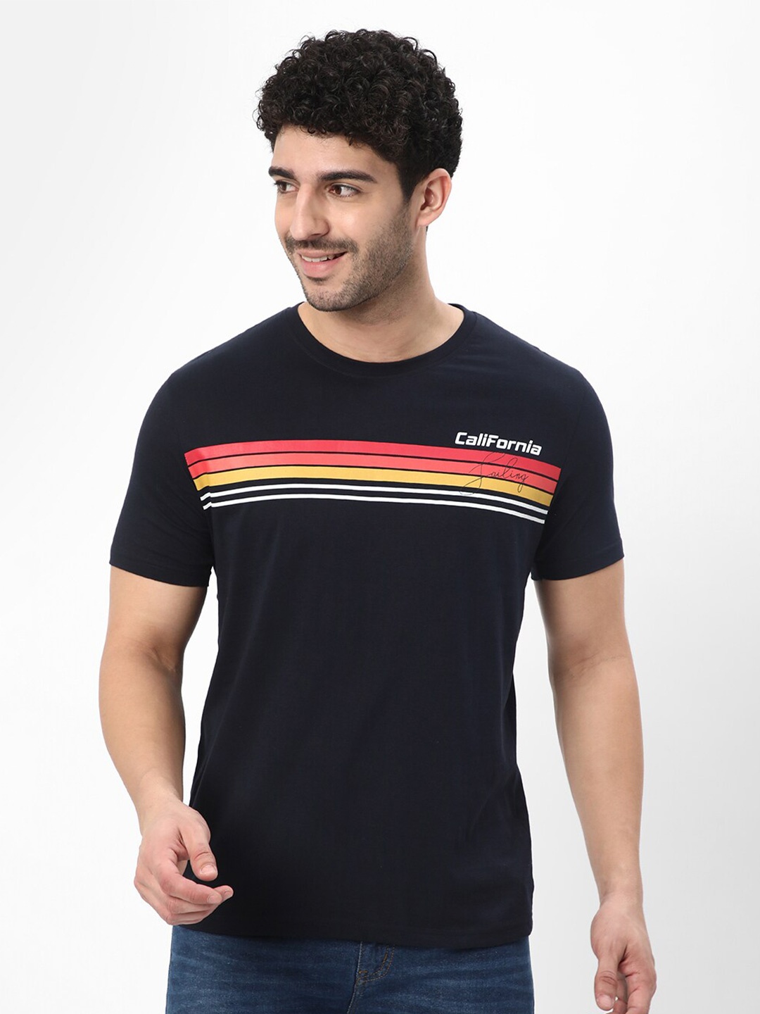 

R&B Round Neck Cotton Casual T-shirt, Navy blue