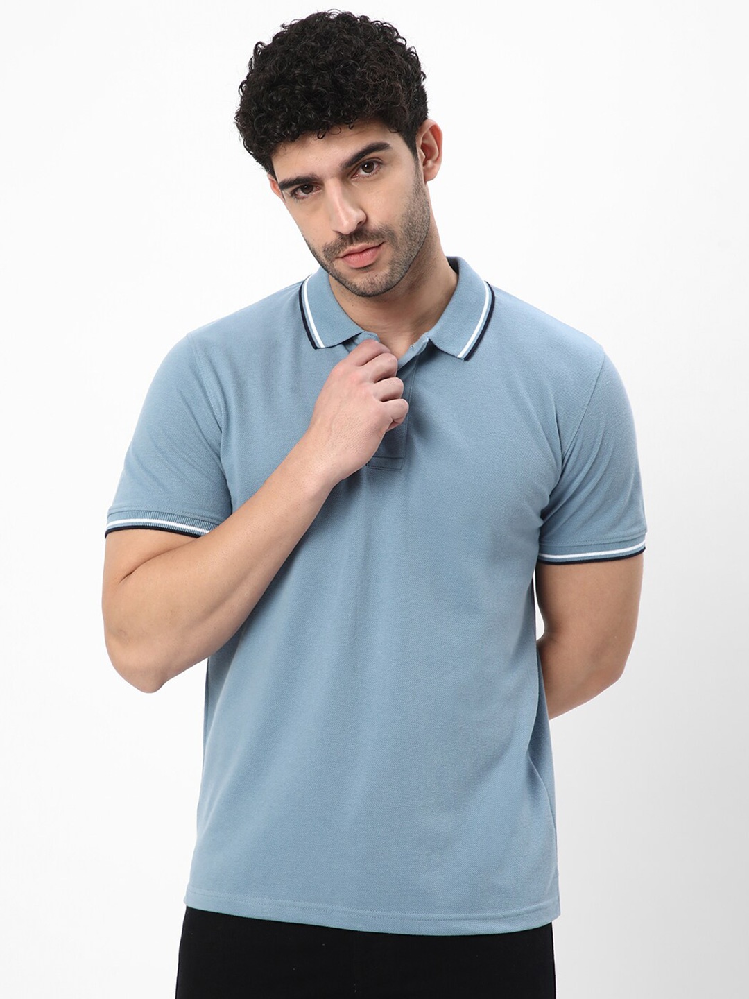 

R&B Polo Collar Cotton Casual T-shirt, Blue