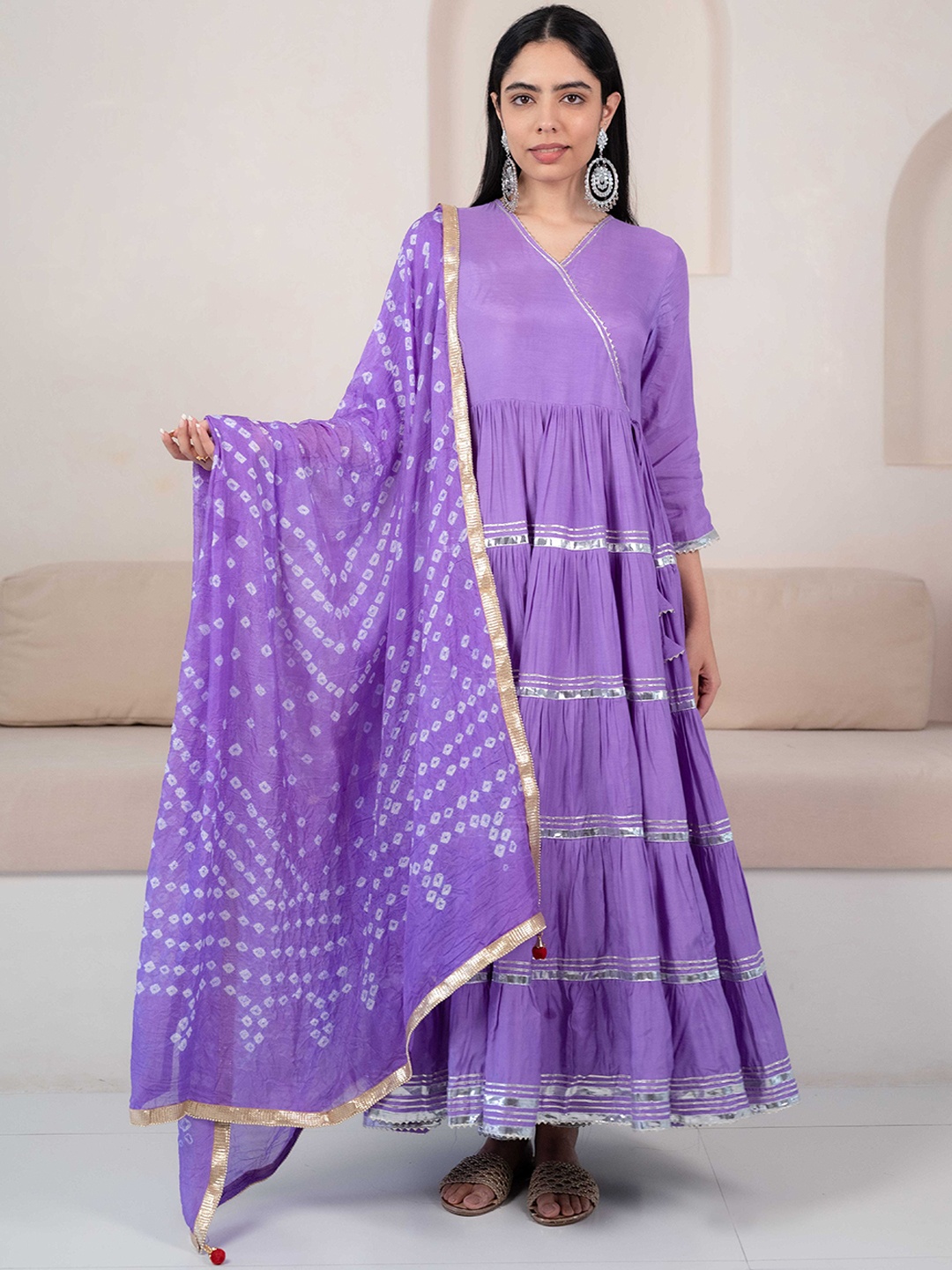 

Sangria Lavender V-Neck Gotta Patti Indigo Tiered Angrakha Anarkali Kurta With Dupatta