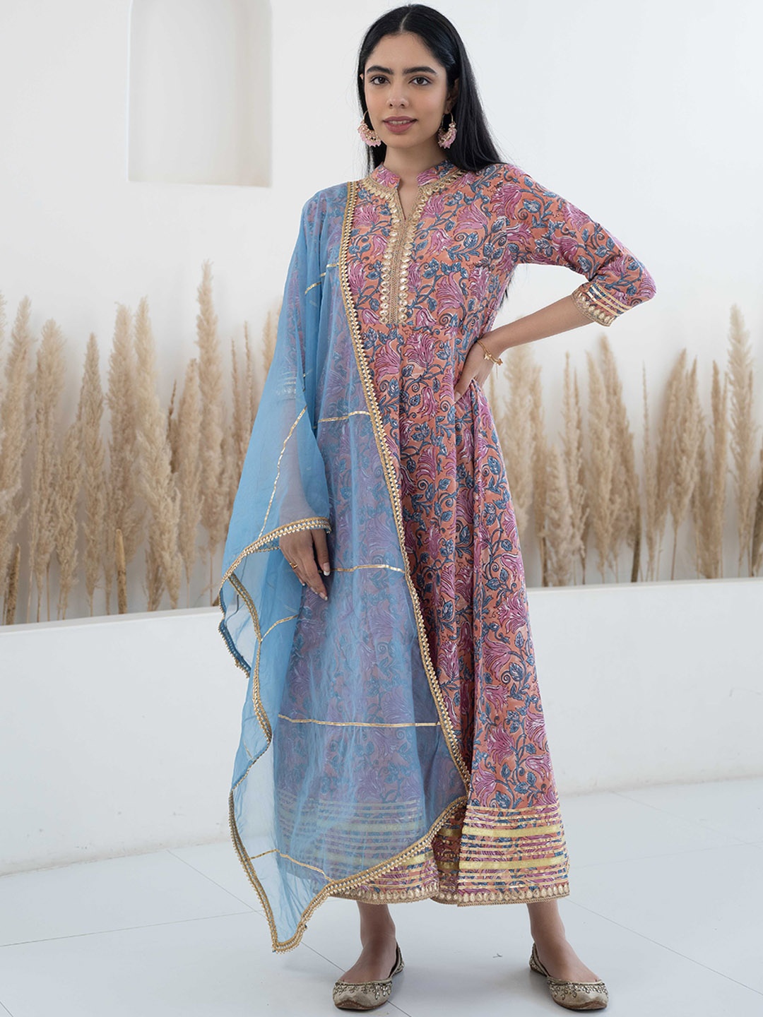 

Sangria Ethnic Printed Band Collar Pure Cotton Fit & Flare Ethnic Dresses With Dupatta, Peach