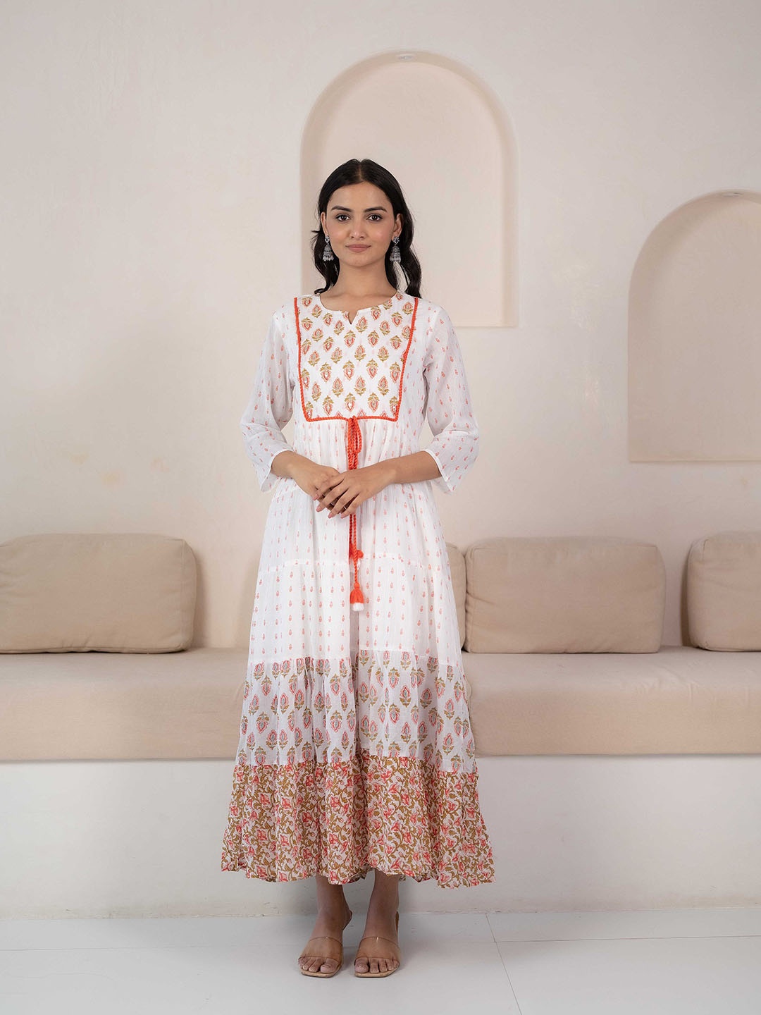 

Sangria White Ethnic Motifs Printed Tiered Cotton A-line Midi Ethnic Dress