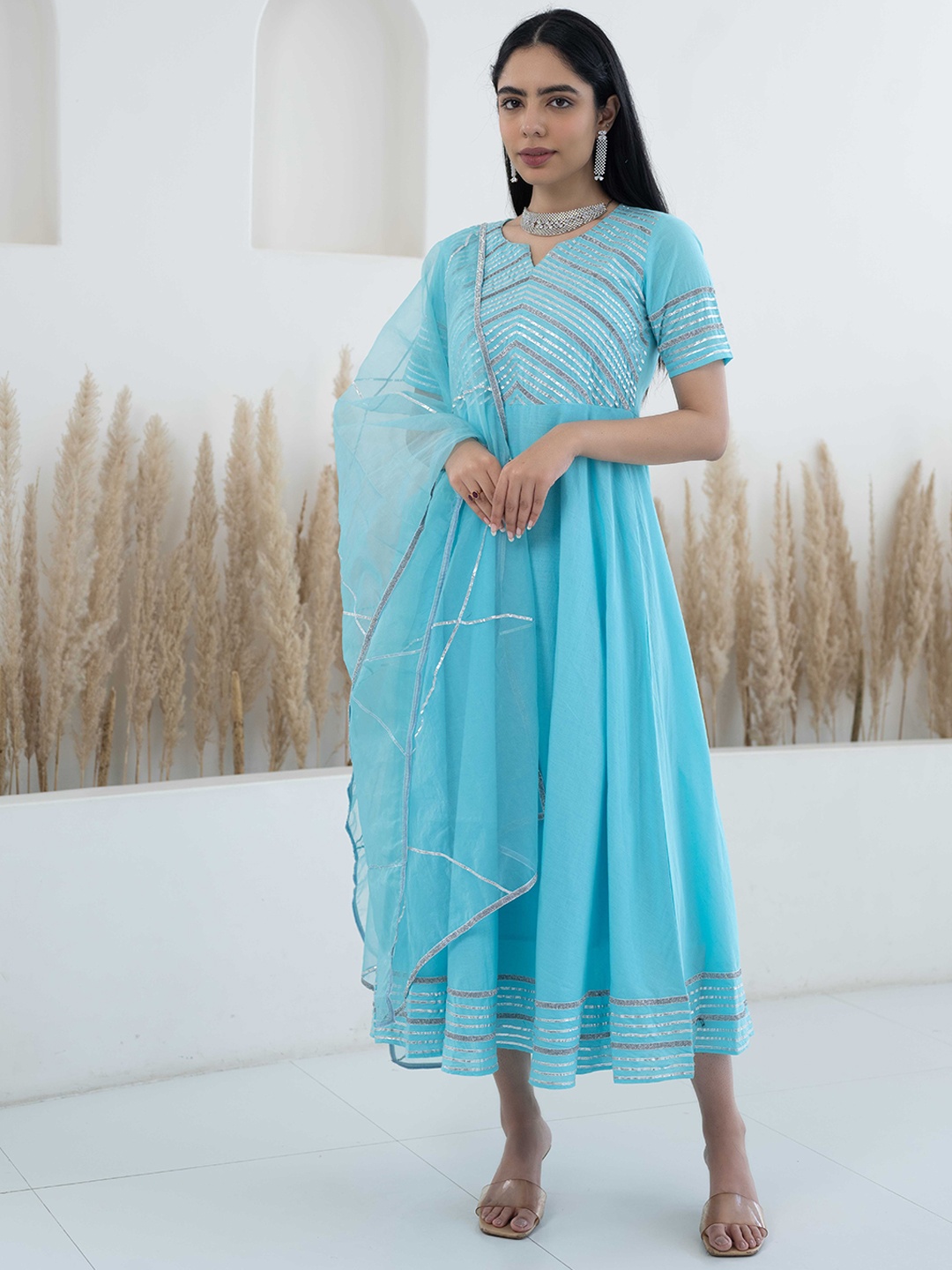 

Sangria Embellished Pure Cotton Fit & Flare Ethnic Dresses With Dupatta, Blue
