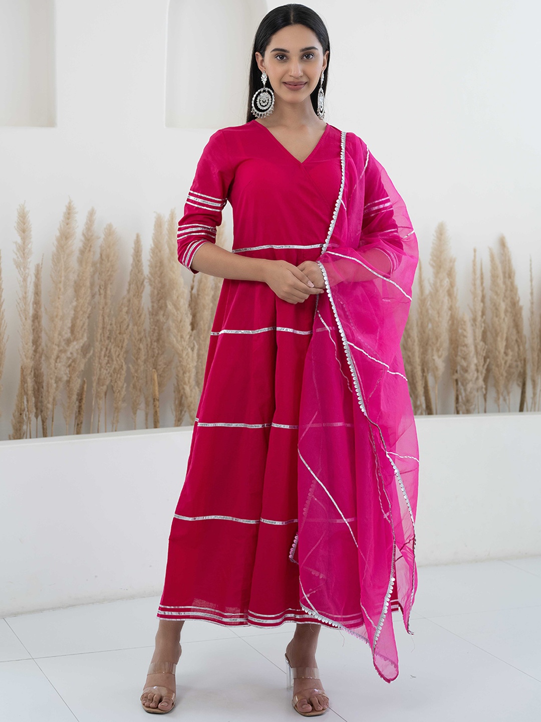 

Sangria Pure Cotton Fit & Flare Ethnic Dresses With Dupatta, Pink