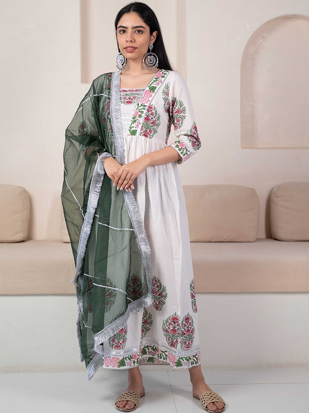 

Sangria Ethnic Printed Pure Cotton Fit & Flare Ethnic Dresses With Dupatta, White