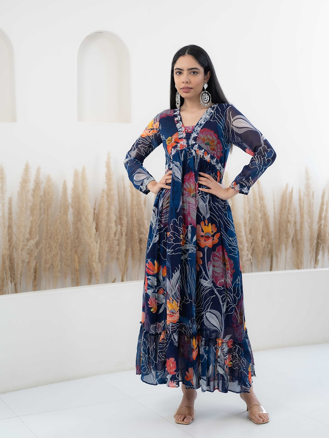 

Sangria Floral Printed Georgette Maxi Ethnic Dress, Navy blue