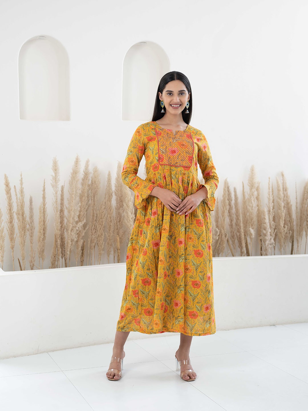 

Sangria Mustard Yellow Floral Printed Pleated Cotton A-Line Midi Ethnic Dress