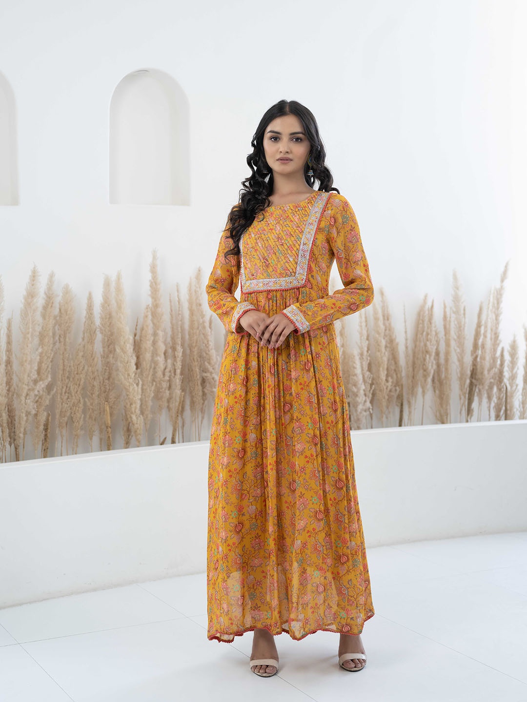 

Sangria Round Neck Floral Printed Gatheres Thread Work Yoke Design Maxi Dress, Mustard
