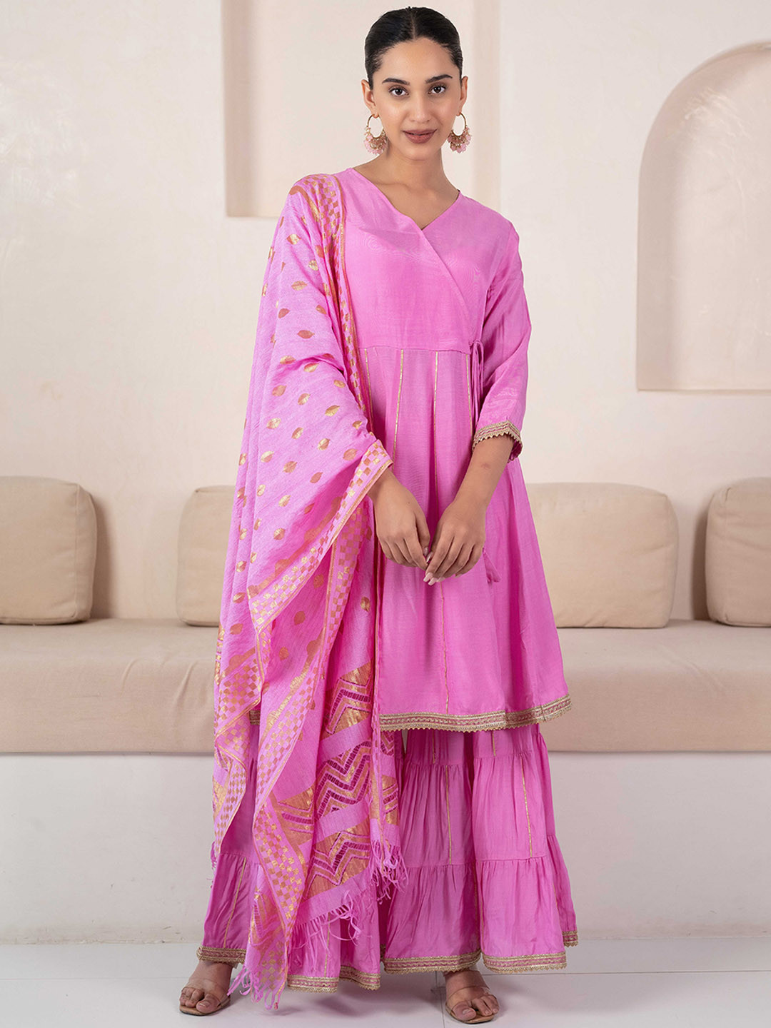 

Sangria Gotta Patti Anarkali Kurta With Sharara & Dupatta, Pink