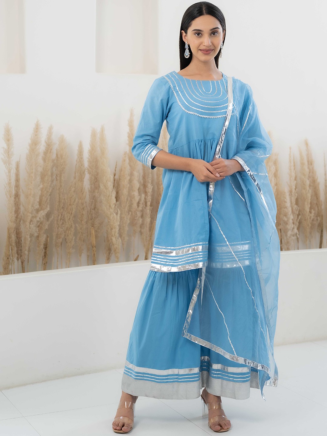 

Sangria Gotta Patti A-Line Kurta With Palazzo & Dupatta, Blue
