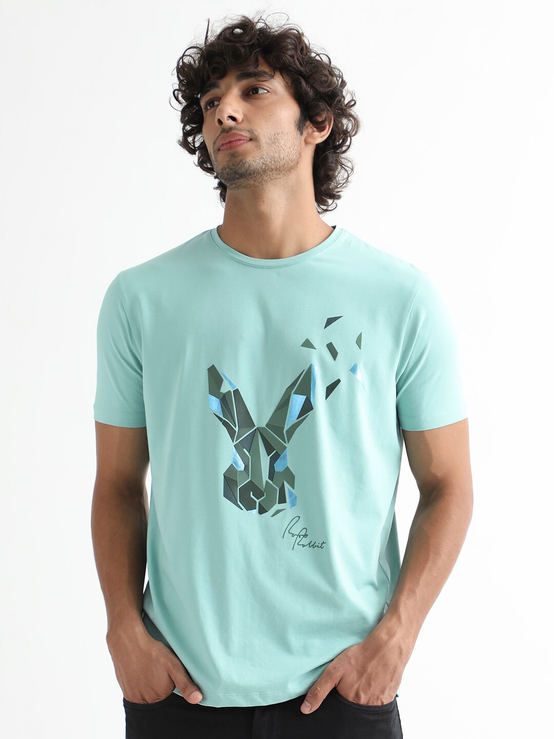 

RARE RABBIT Men Della Graphic Printed Cotton Slim Fit T-Shirt, Green