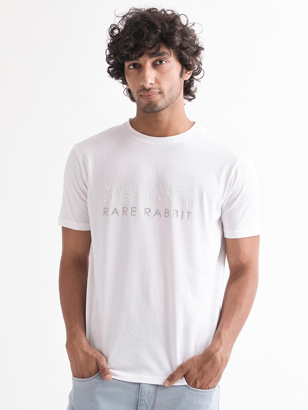 

RARE RABBIT Men Asi Typography Printed Cotton Slim Fit T-Shirt, White