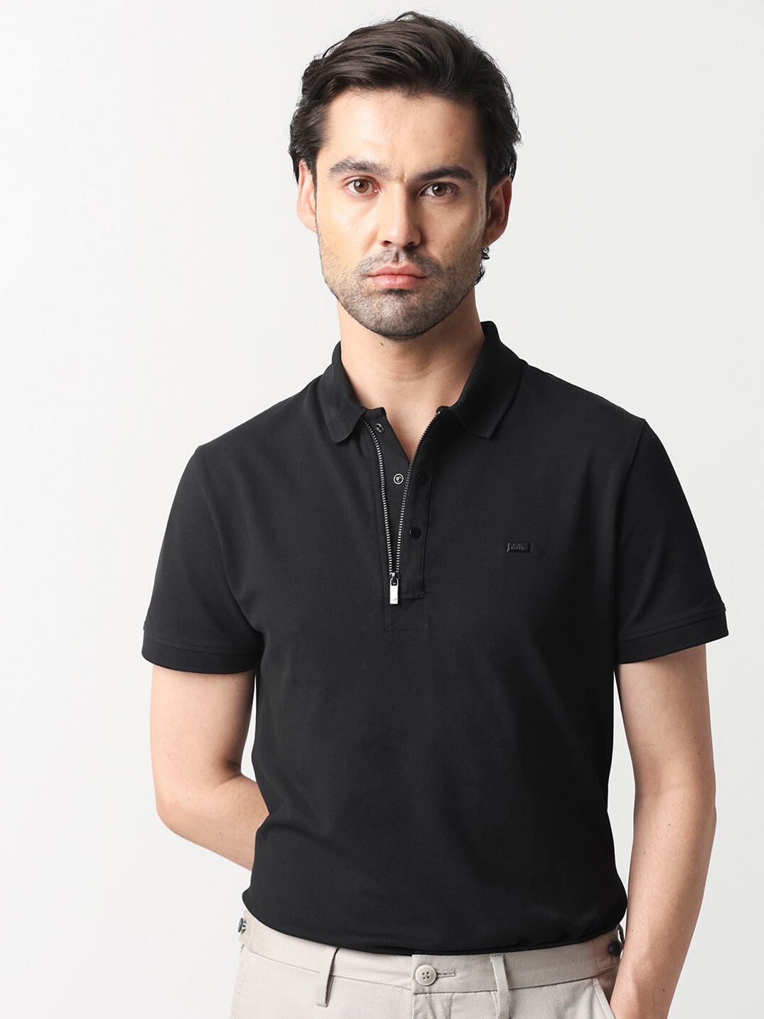 

RARE RABBIT Men Rings-4 Slim Fit Solid Polo Collar T-Shirt, Black