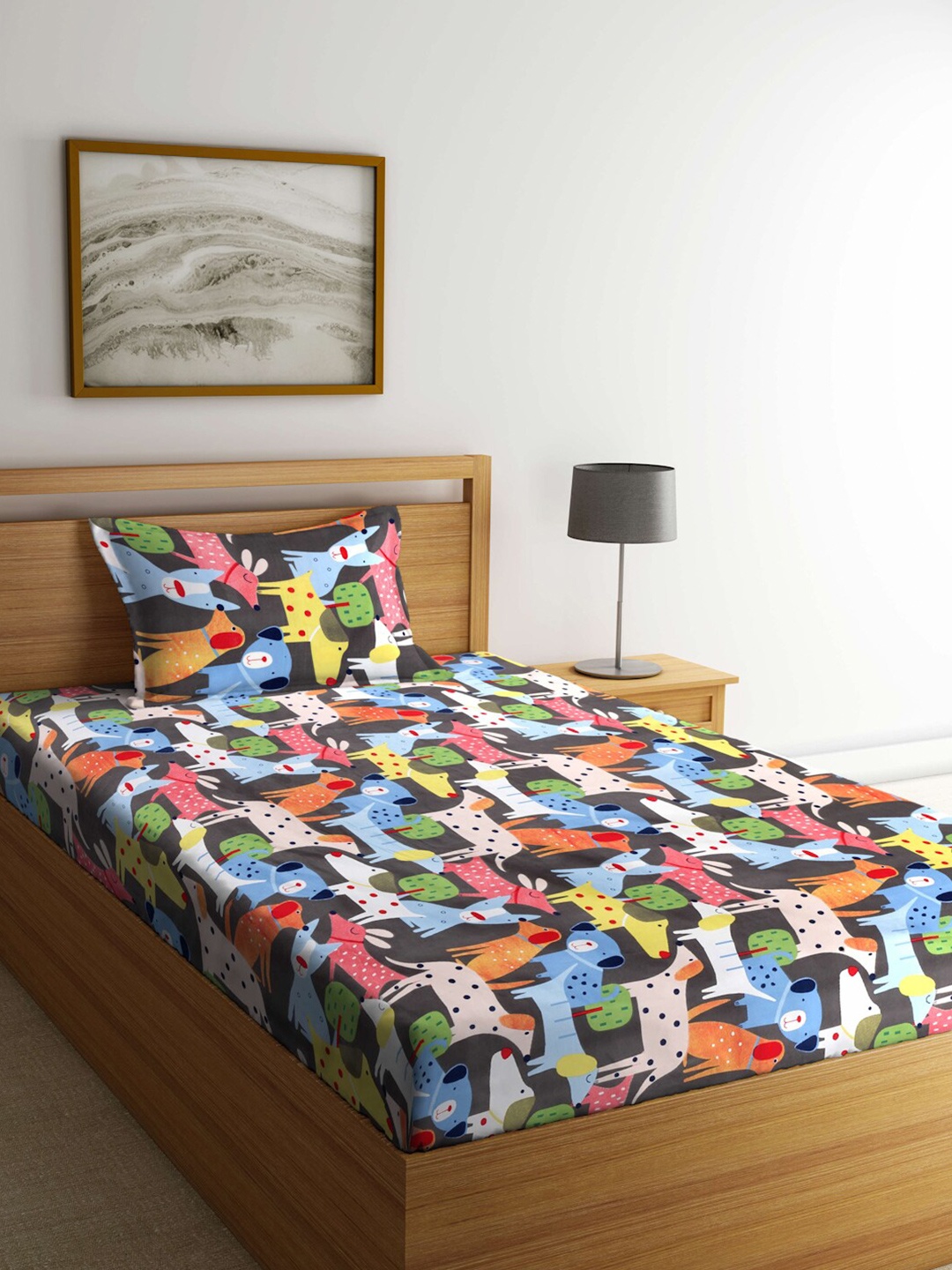

KLOTTHE Black & Blue Printed 300 TC Fitted Single Bedsheet With 1 Pillow Cover