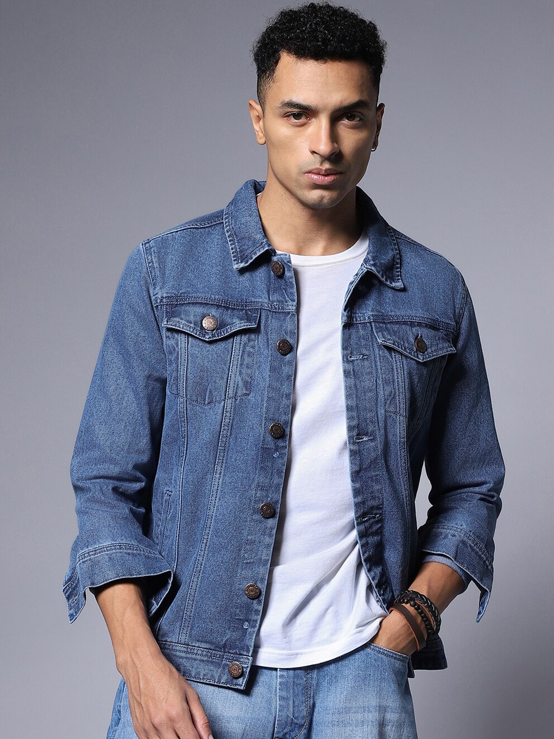 

High Star Washed Crop Denim Jacket with Patchwork, Blue