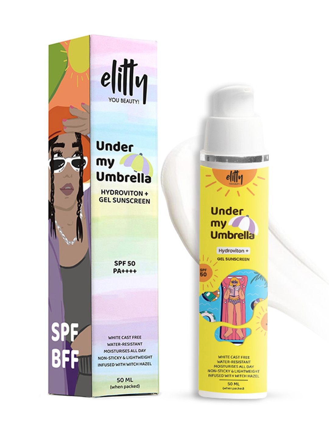 

Elitty Under My Umbrella White Cast Free SPF50 Gel Sunscreen with Witch Hazel - 50 ml, Yellow