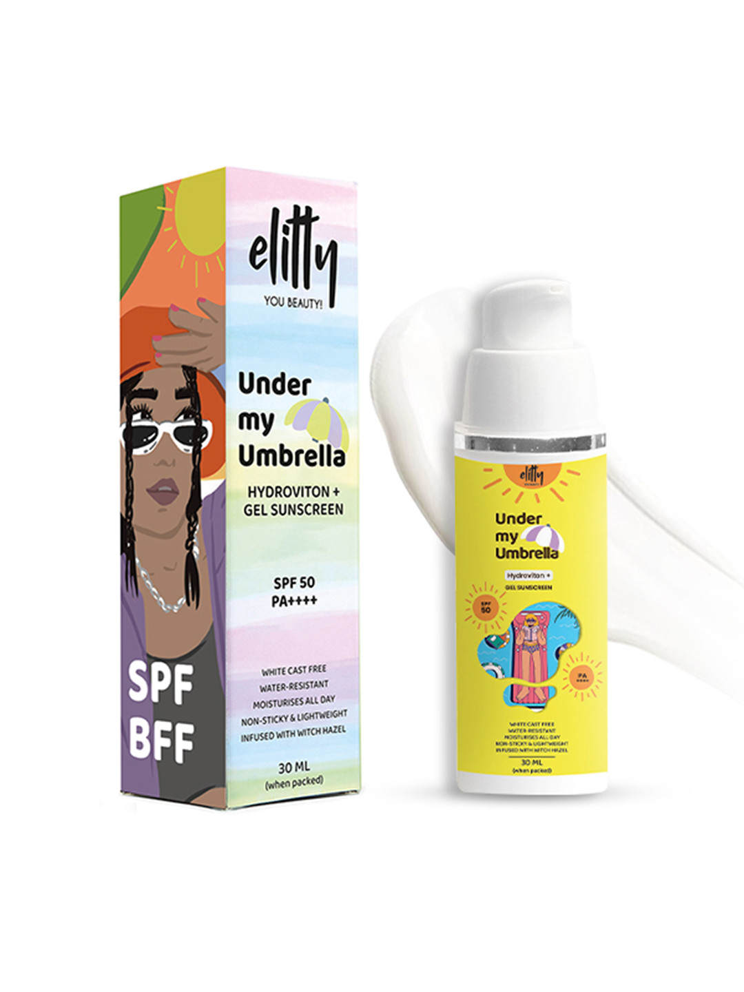 

Elitty Under My Umbrella White Cast Free SPF50 Gel Sunscreen with Witch Hazel - 30 ml, Yellow