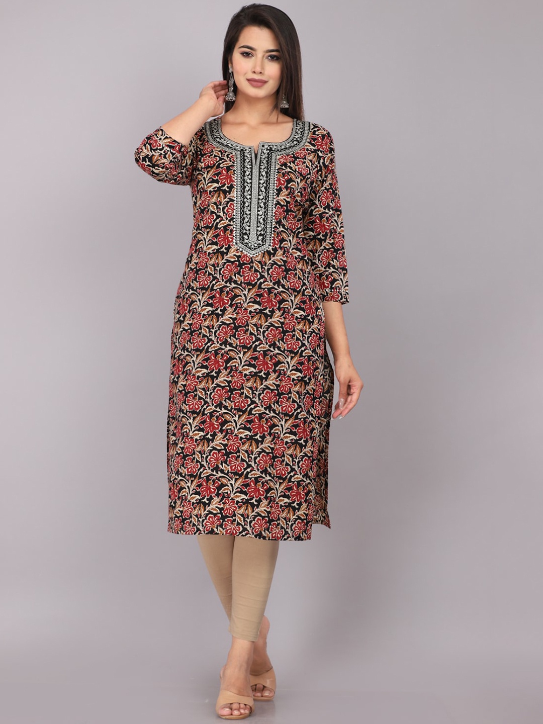 

HIGHLIGHT FASHION EXPORT Floral Printed Cotton Kurta, Black