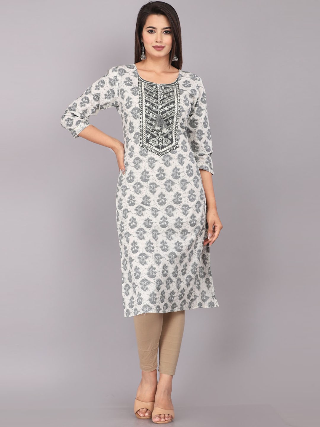 HIGHLIGHT FASHION EXPORT Ethnic Motifs Printed Cotton Kurta, Grey