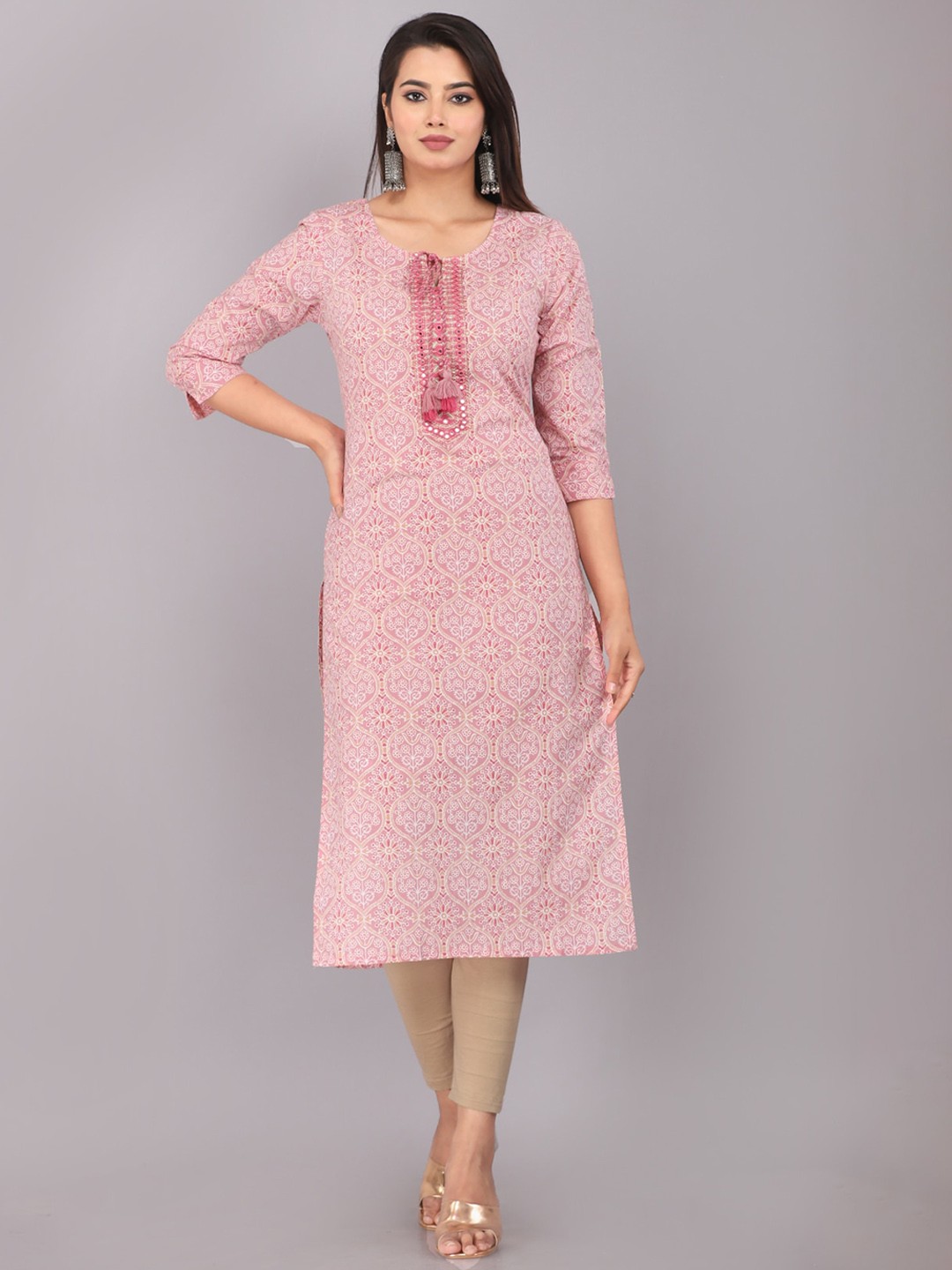 

HIGHLIGHT FASHION EXPORT Ethnic Motifs Printed Mirror Work Straight Kurta, Pink