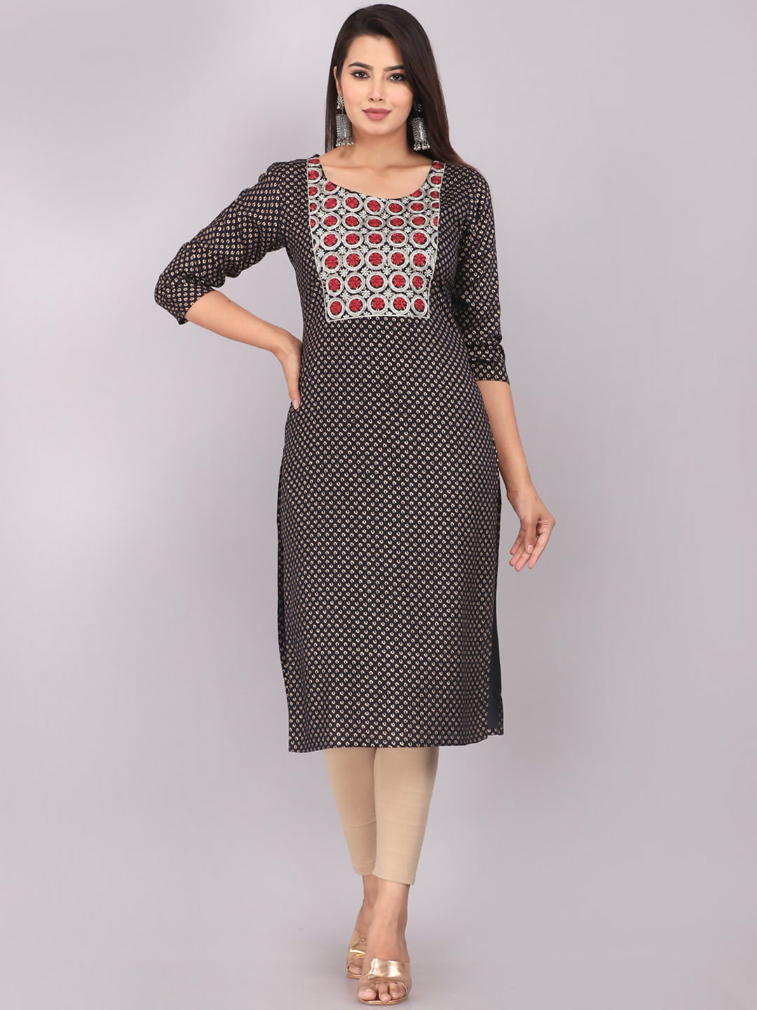

HIGHLIGHT FASHION EXPORT Floral Printed Thread Work Straight Kurta, Navy blue