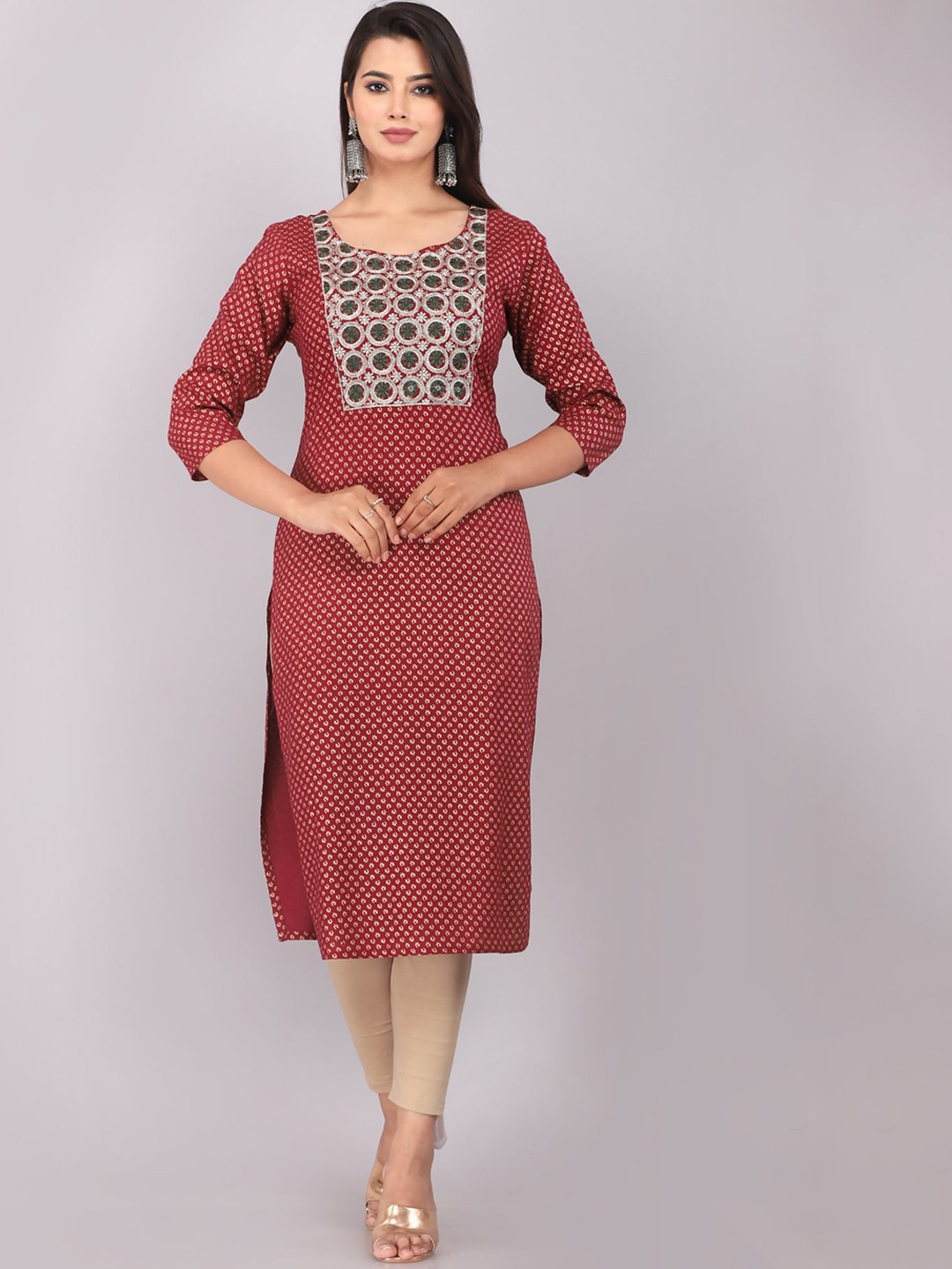 

HIGHLIGHT FASHION EXPORT Floral Printed Thread Work Straight Kurta, Maroon