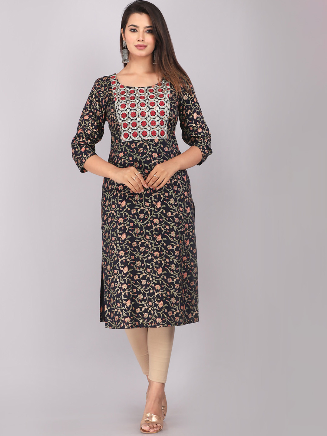 

HIGHLIGHT FASHION EXPORT Floral Printed Thread Work Straight Kurta, Navy blue