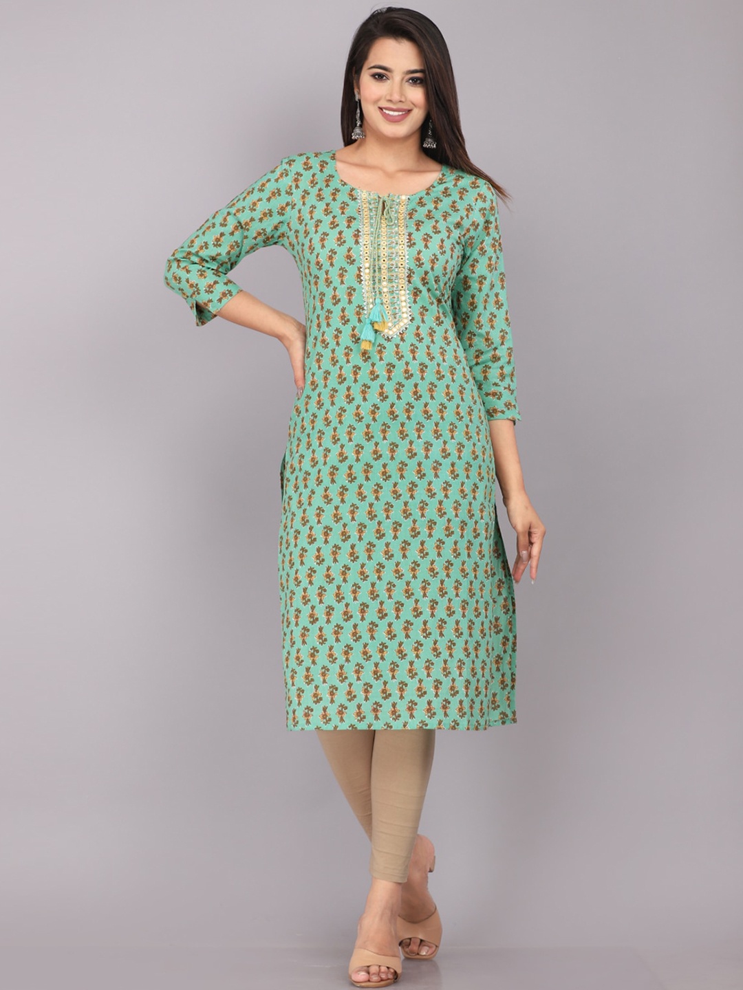 

HIGHLIGHT FASHION EXPORT Floral Printed Tie Up Neck Printed Mirror Work Straight Kurta, Green