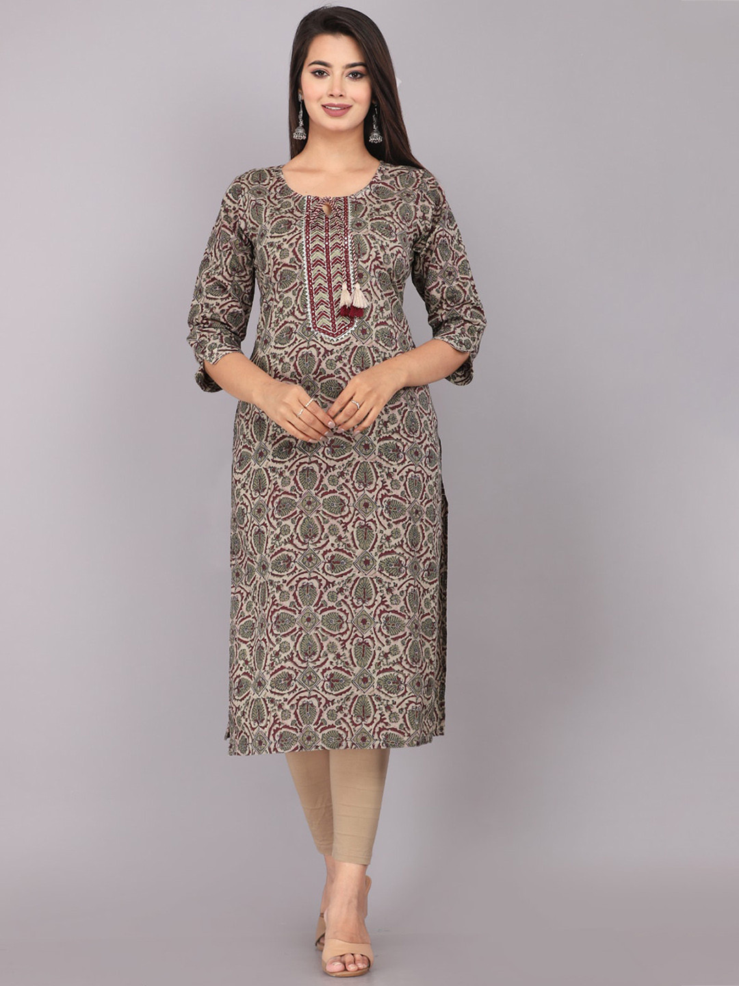 

HIGHLIGHT FASHION EXPORT Ethnic Motifs Printed Tie Up Neck Mirror Work Straight Kurta, Grey