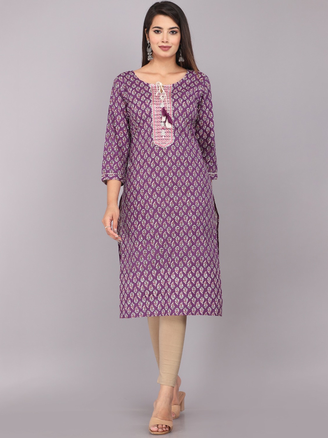 

HIGHLIGHT FASHION EXPORT Ethnic Motifs Printed Tie-Up Neck Cotton Kurta, Purple