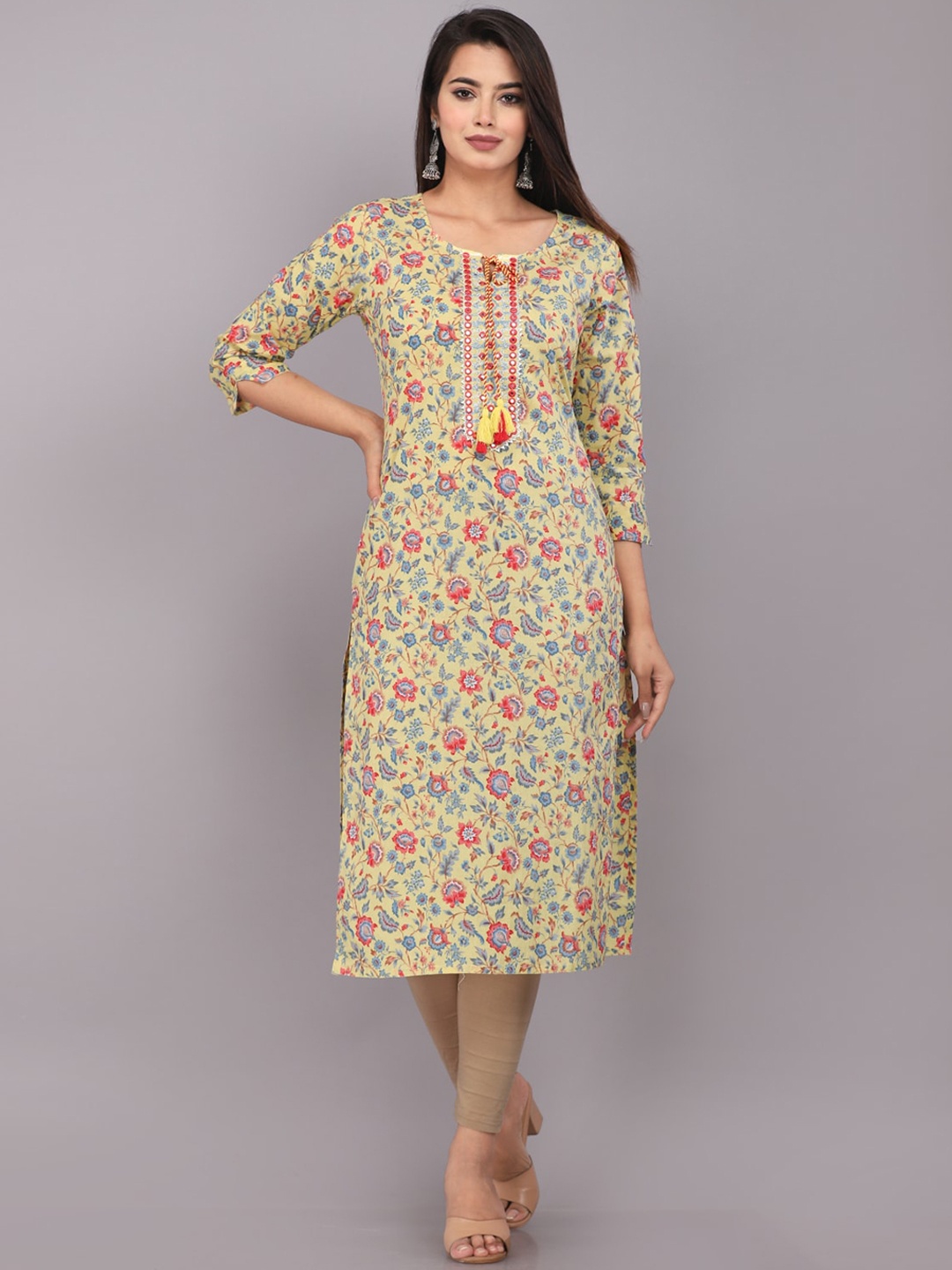 

HIGHLIGHT FASHION EXPORT Floral Printed Tie-Up Neck Cotton Kurta, Mustard