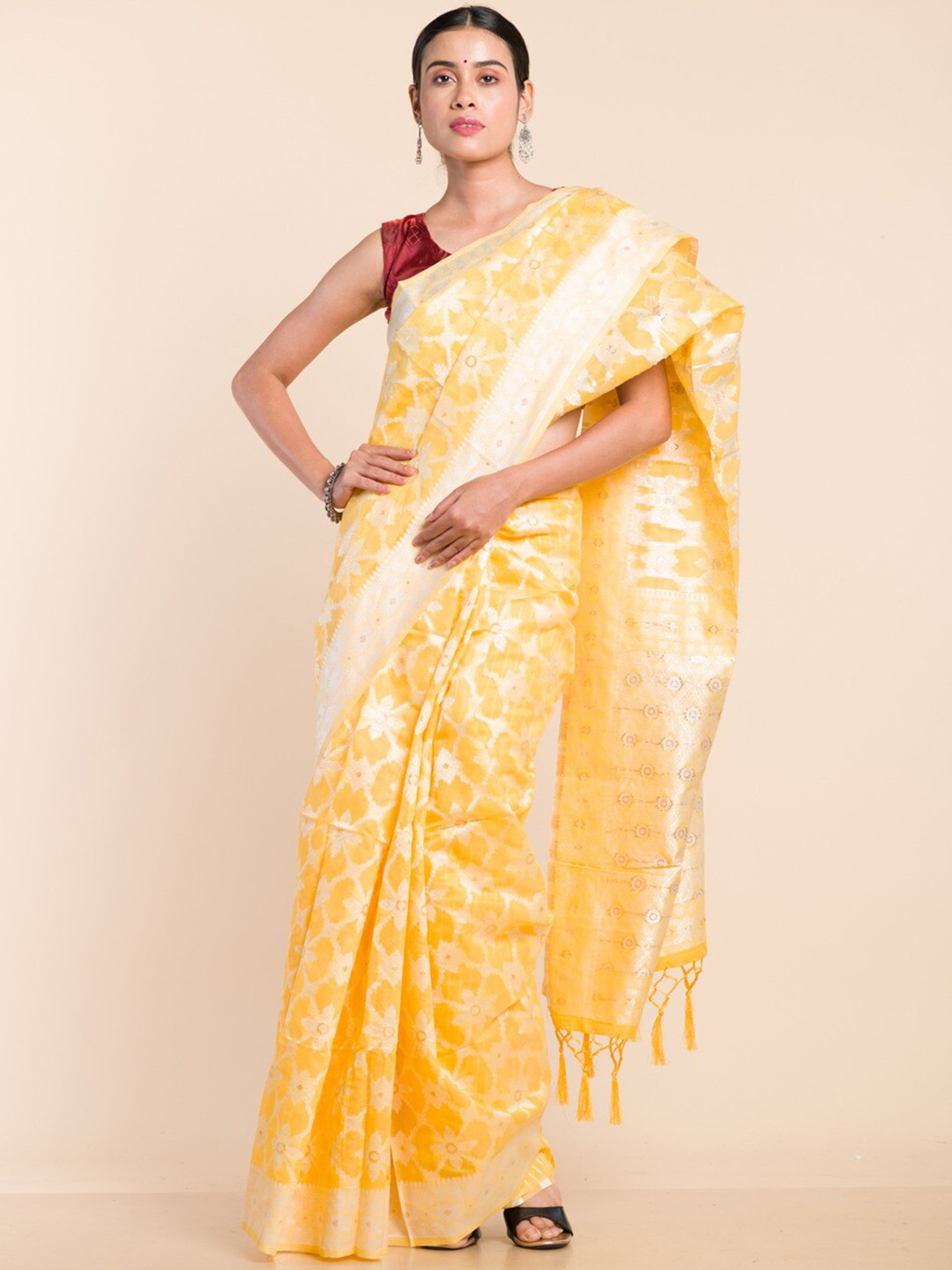 

HERE&NOW Yellow & White Ethnic Motifs Woven Design Chanderi Saree