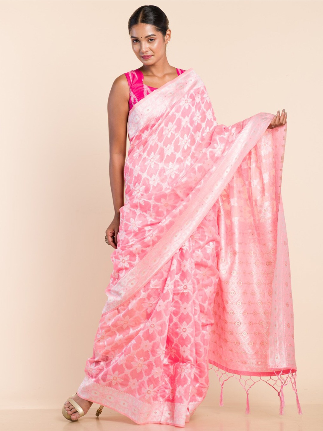 

HERE&NOW Pink & White Ethnic Motifs Woven Design Chanderi Saree