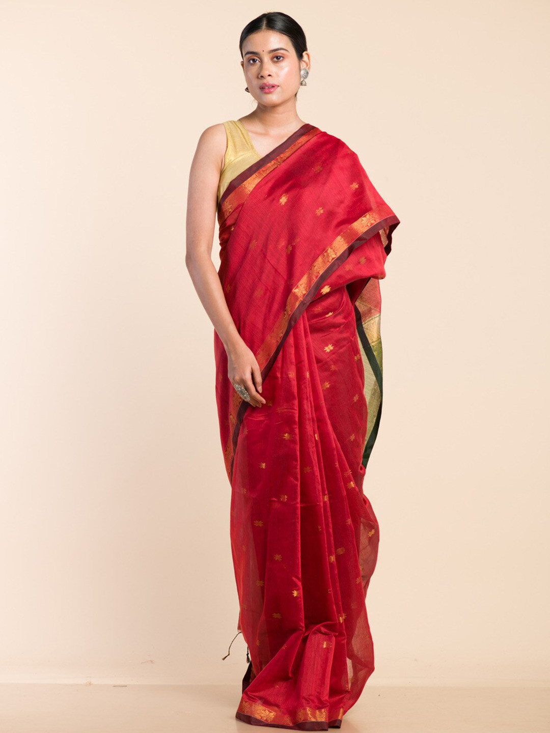 

HERE&NOW Red & Green Ethnic Motifs Woven Design Zari Maheshwari Saree