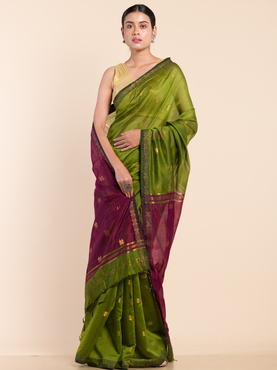 

HERE&NOW Green & Purple Ethnic Motifs Woven Design Zari Maheshwari Saree