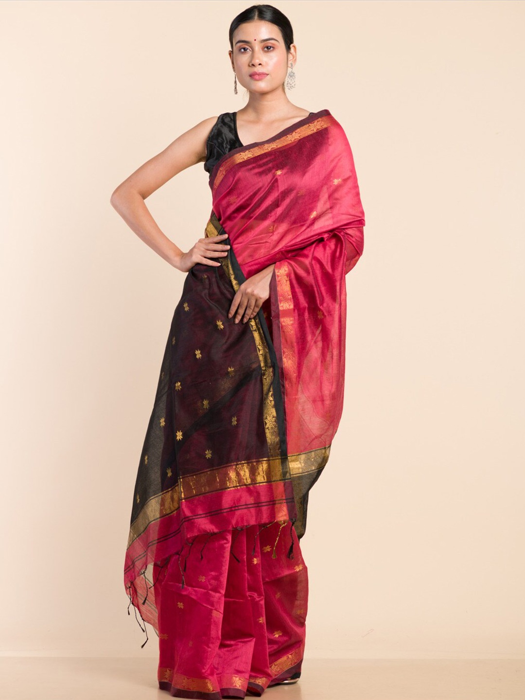 

HERE&NOW Magenta & Black Ethnic Motifs Woven Design Zari Maheshwari Saree