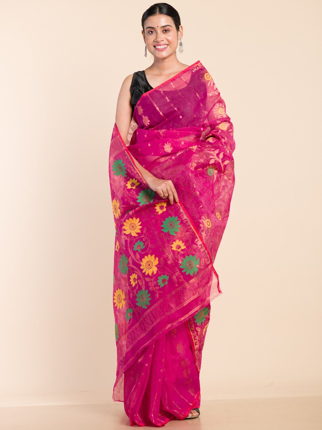 

HERE&NOW Pink & Beige Woven Design Jamdani Saree