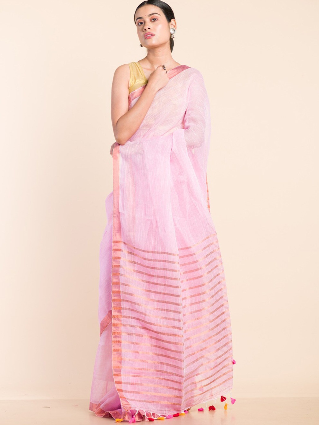 

HERE&NOW Zari Linen Blend Saree, Pink