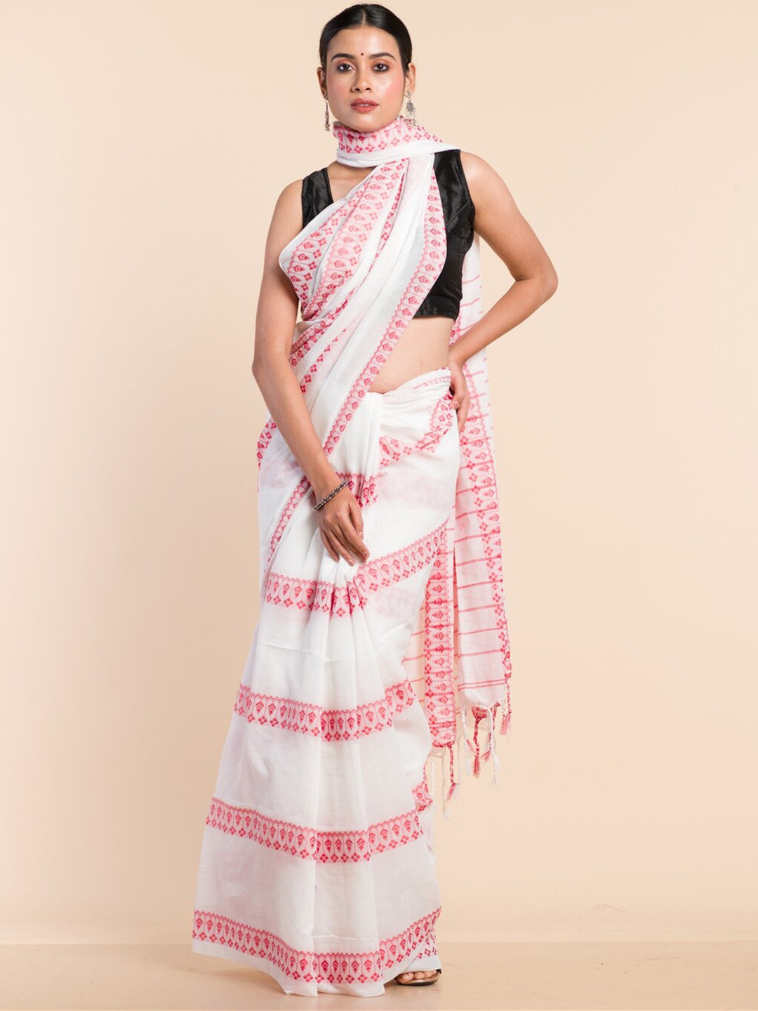 

HERE&NOW White & Red Woven Design Pure Cotton Khadi Saree