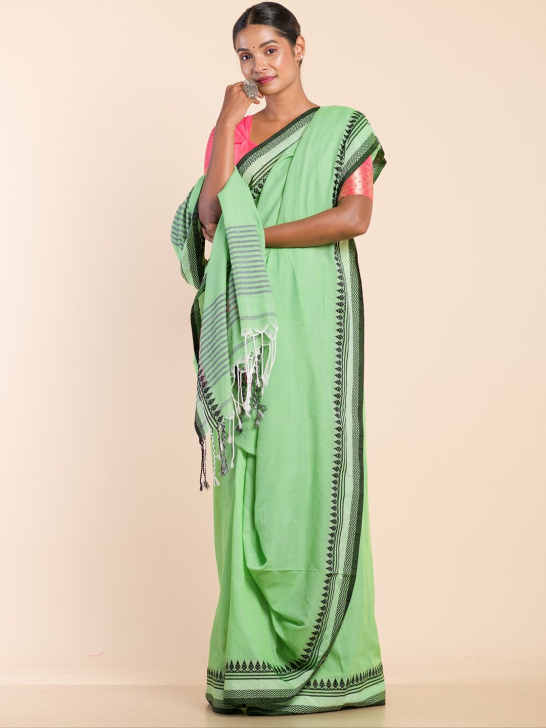 

HERE&NOW Teal & Black Pure Cotton Khadi Saree