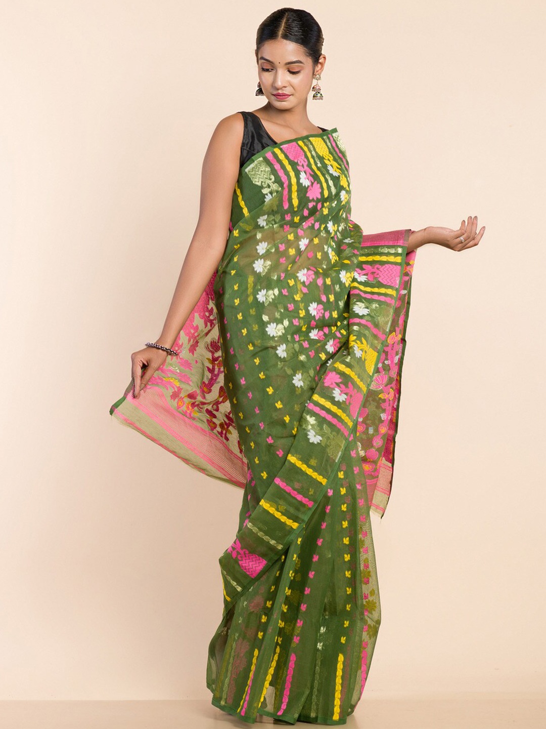 

HERE&NOW Green Floral Woven Design Jamdani Saree, Olive