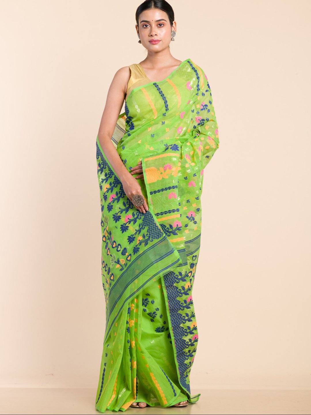 

HERE&NOW Lime Green & Blue Woven Design Jamdani Saree