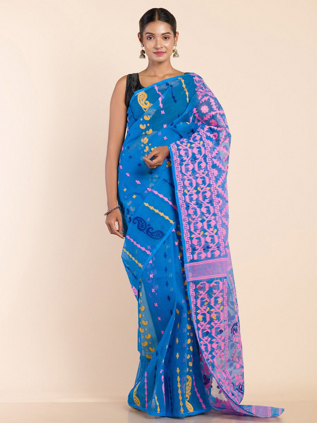 

HERE&NOW Blue & Pink Woven Design Jamdani Saree