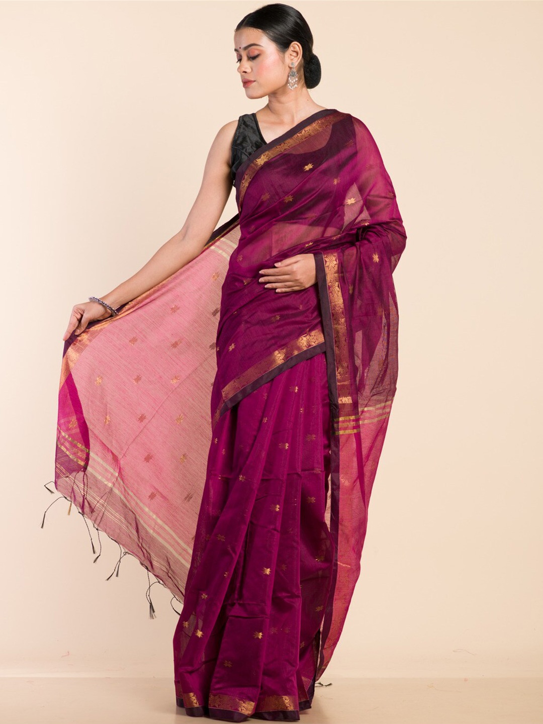 

HERE&NOW Ethnic Motifs Woven Design Zari Maheshwari Saree, Purple