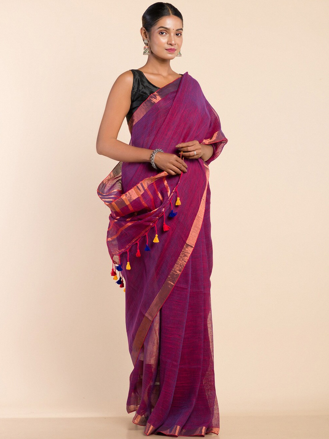 

HERE&NOW Zari Linen Cotton Saree, Magenta
