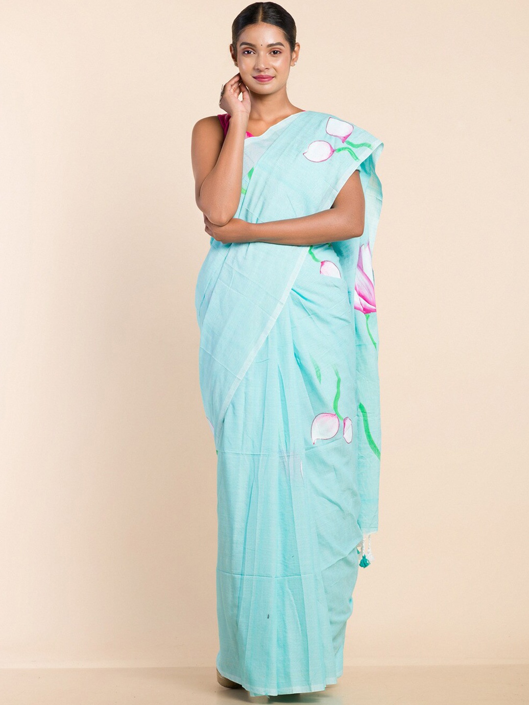 

HERE&NOW Floral Printed Pure Cotton Khadi Saree, Turquoise blue