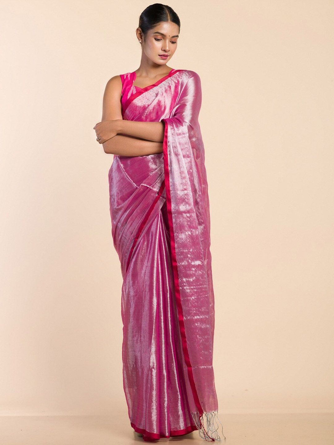 

HERE&NOW Pink & Silver Toned Tissue Saree