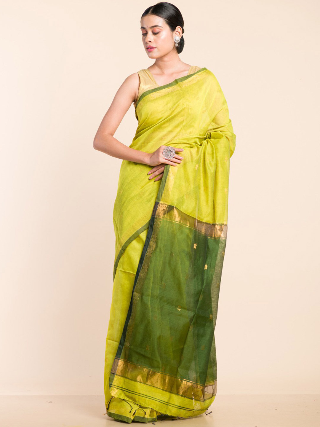 

HERE&NOW Lime Green & Gold-Toned Floral Woven Design Zari Maheshwari Saree