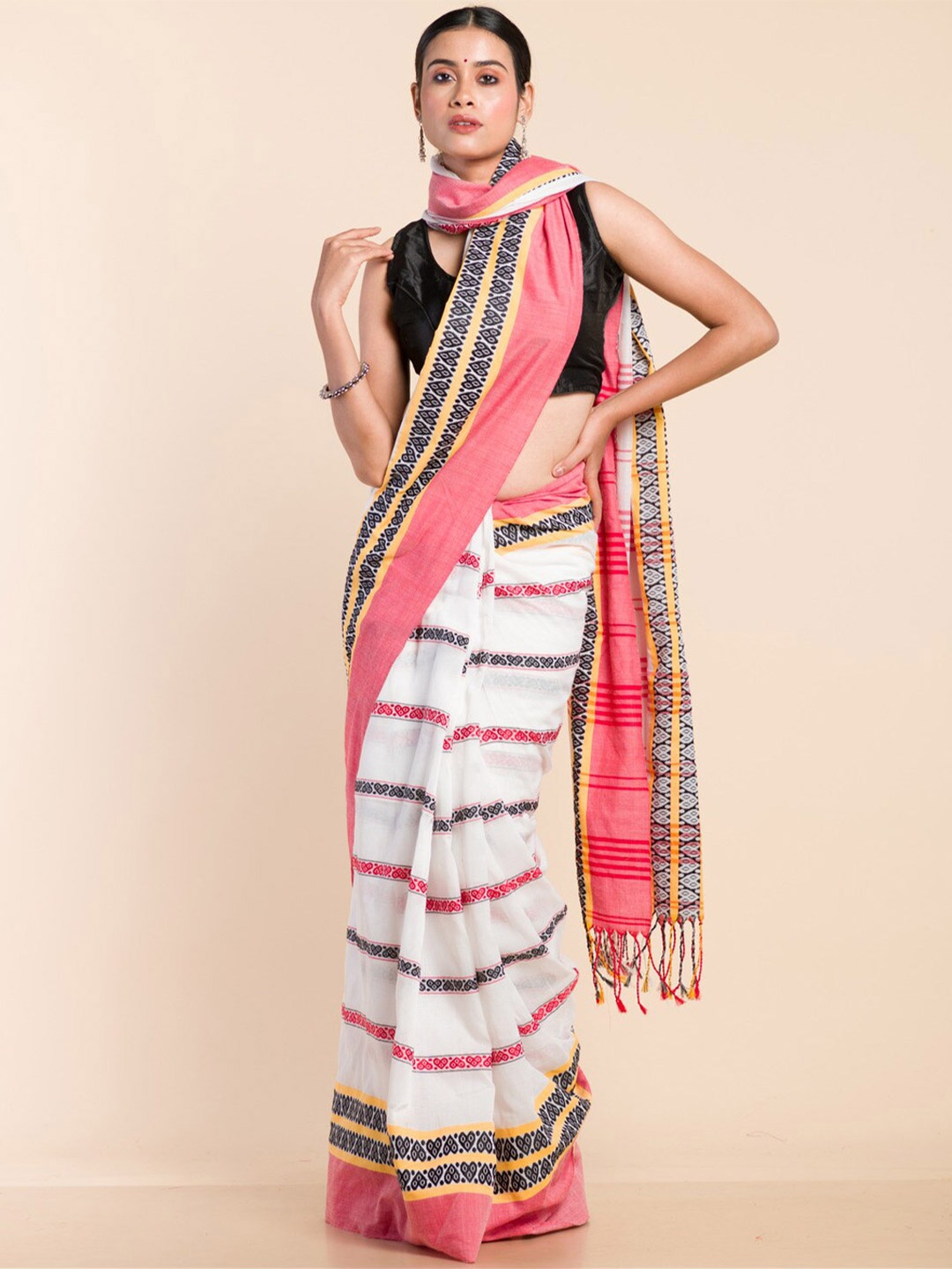 

HERE&NOW White & Pink Woven Design Pure Cotton Khadi Saree