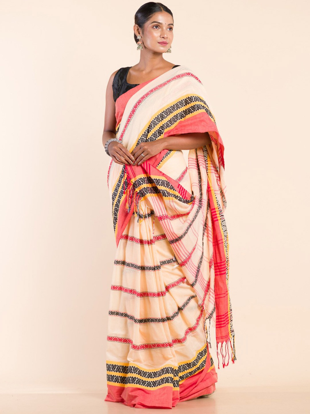 

HERE&NOW Woven Design Pure Cotton Khadi Saree, Cream