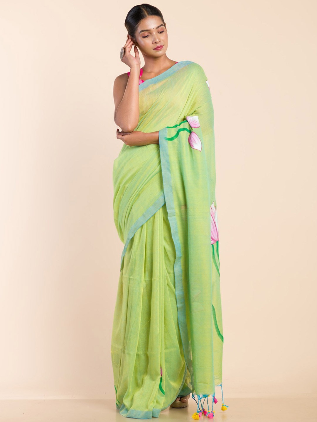 

HERE&NOW Floral Printed Pure Cotton Khadi Saree, Lime green